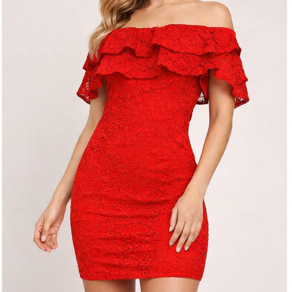Windsor Y2K Red Lace Off Shoulder Ruffle Bodycon Dress Romantic Size Large